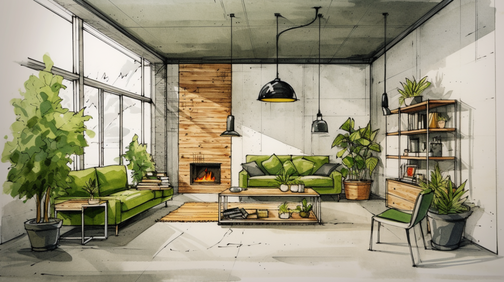 dessin d'architecte rapide et grossier représentant un salon dans le style industriel avec un mur en béton ciré vert olive