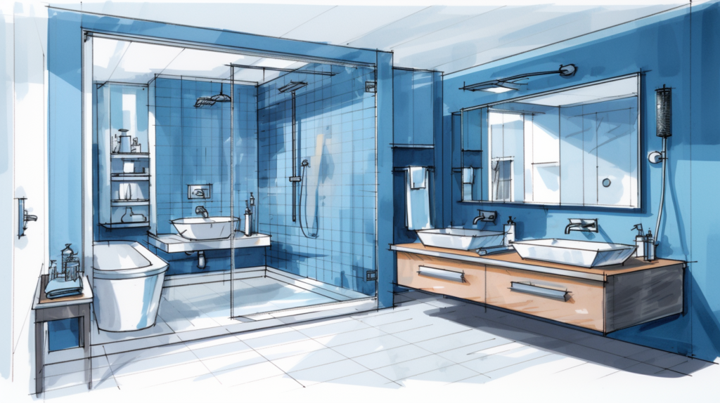 dessin d'architecte représentant une salle de bain moderne avec une douche et un mur bleu azur, dans un style de décoration d'intérieur méditéranéen du paisible.